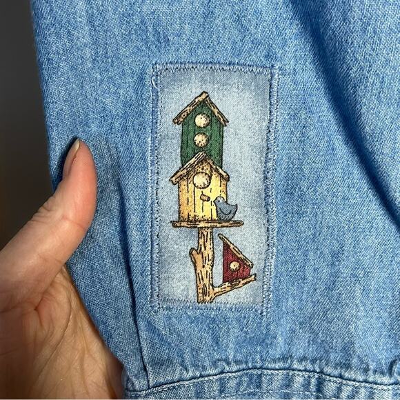 VINTAGE chambray down shirt with cat patches fits size XL crazy cat lady - Picture 7 of 10